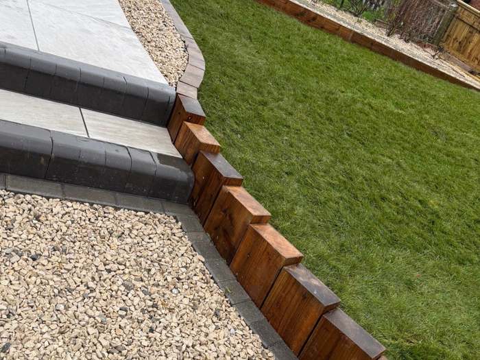 Gravel path, timber sleeper edging and new lawn