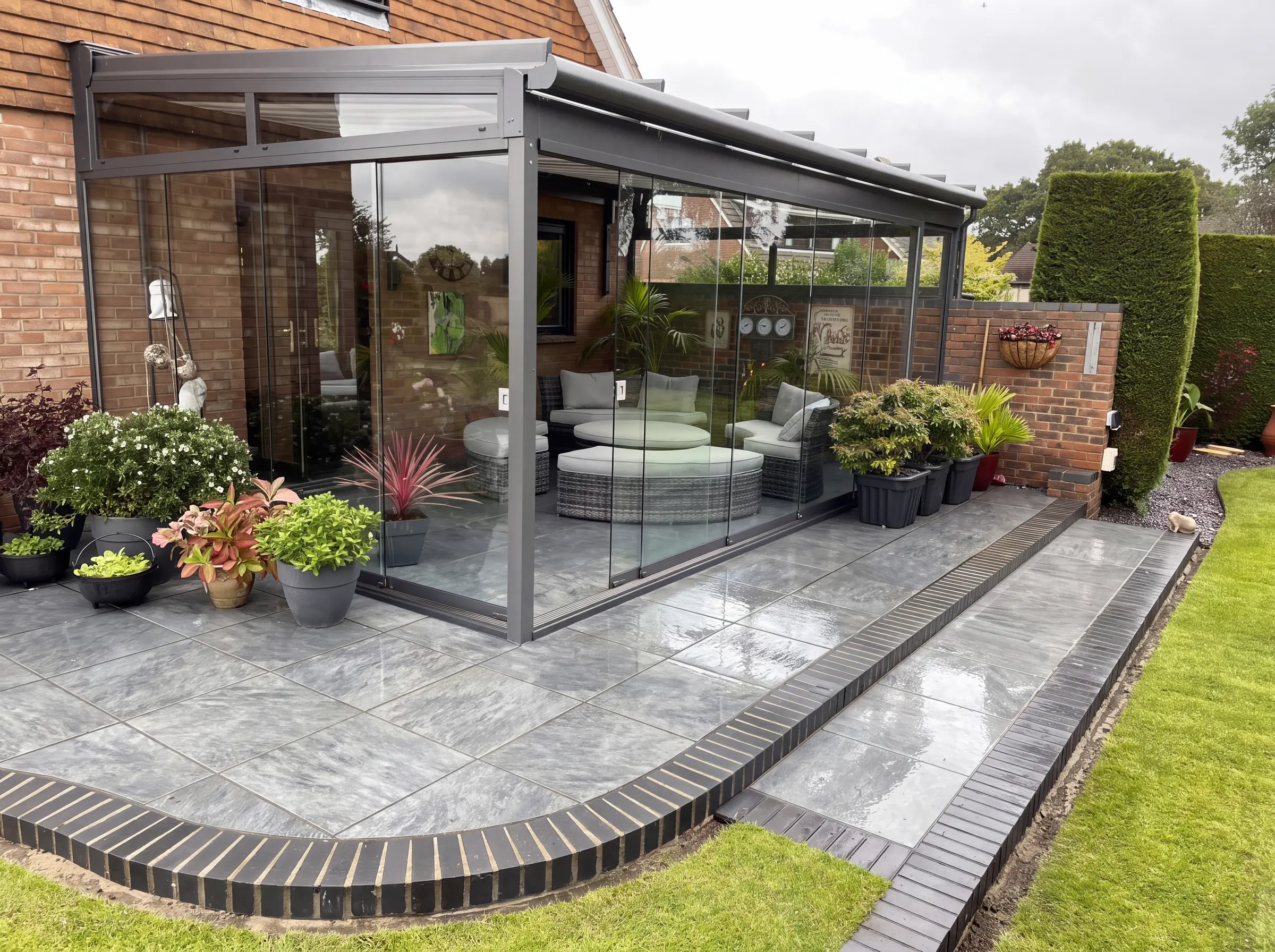Glass garden room on a porcelain patio with a curved brick edged lawn